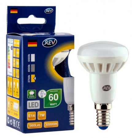 светодиодная лампа rev r50 e14 7w,2700k,теплый свет