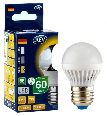 светодиодная лампа rev g45 e27 7w,2700k,теплый свет