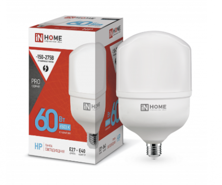 светодиодная лампа in home led hp-pro 60w 230в e27 с адаптером e40 6500k 5700лм т140