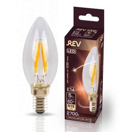 светодиодная лампа rev pc37 e14 5w,2700k,premium (filament),теплый свет