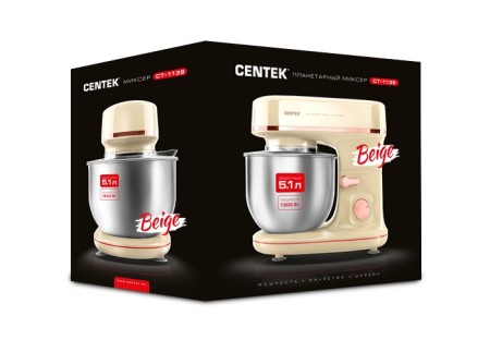 миксер планетарный centek ct-1139 бежевый/хром