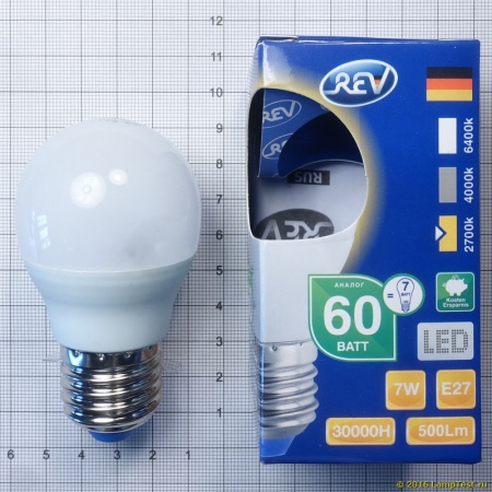 светодиодная лампа rev g45 e27 7w,4000k,холодный свет